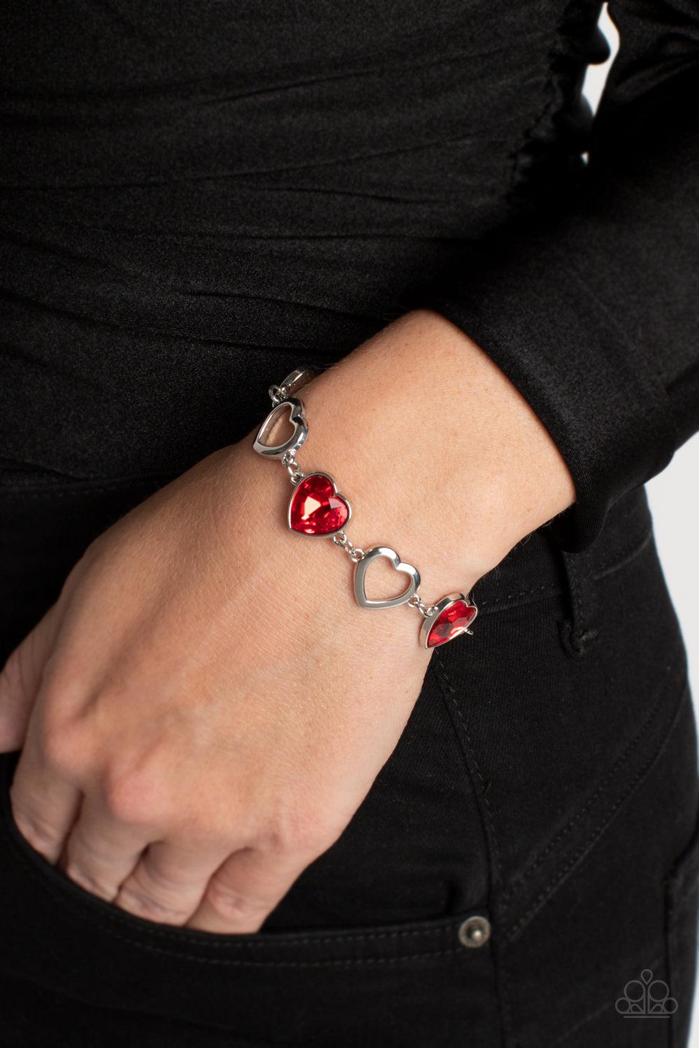Sentimental Sweethearts Red Heart Bracelet - Paparazzi Accessories- on model - CarasShop.com - Paparazzi Jewelry by Cara Jewels