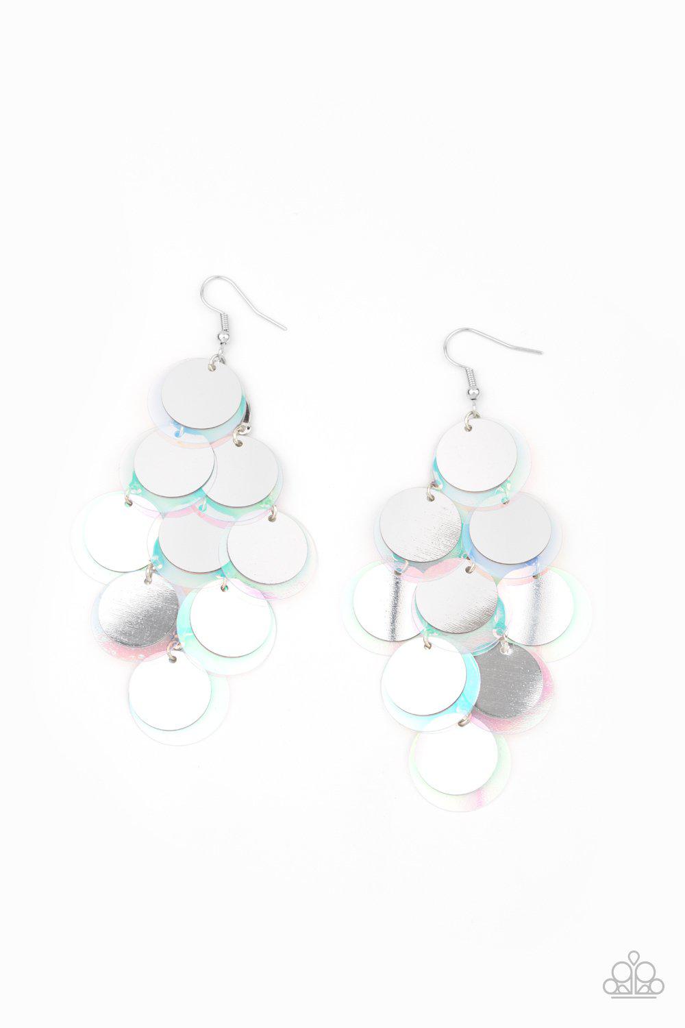 Sequin Seeker Silver and Iridescent Sequin Cascading Earrings - Paparazzi Accessories- lightbox - CarasShop.com - Paparazzi Jewelry by Cara Jewels