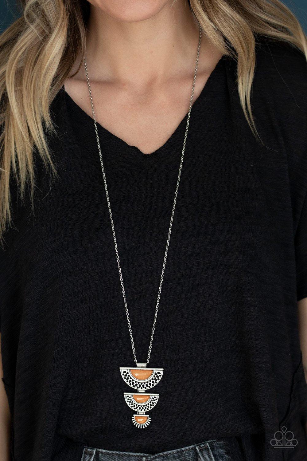 Serene Sheen Orange Stone and Silver Necklace - Paparazzi Accessories- on model - CarasShop.com - Paparazzi Jewelry by Cara Jewels