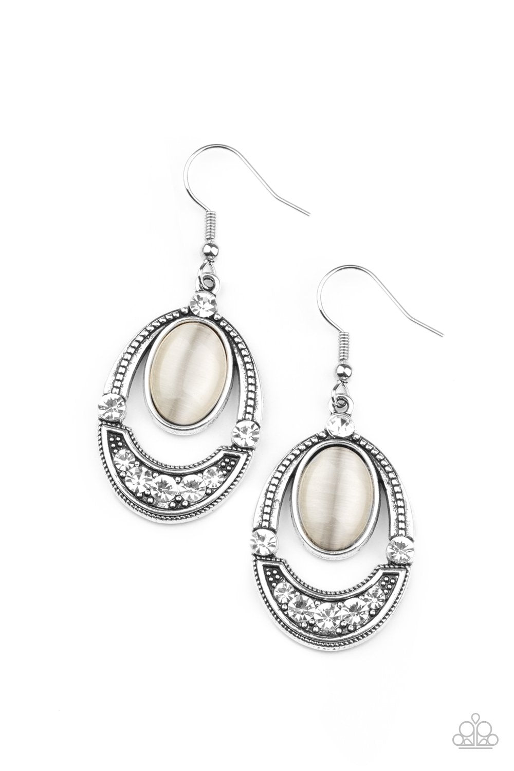 Serene Shimmer White Cat's Eye and Rhinestone Earrings - Paparazzi Accessories- lightbox - CarasShop.com - Paparazzi Jewelry by Cara Jewels