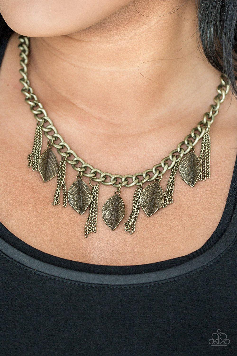 Serenely Sequoia Brass Leaf Necklace - Paparazzi Accessories- on model - CarasShop.com - Paparazzi Jewelry by Cara Jewels