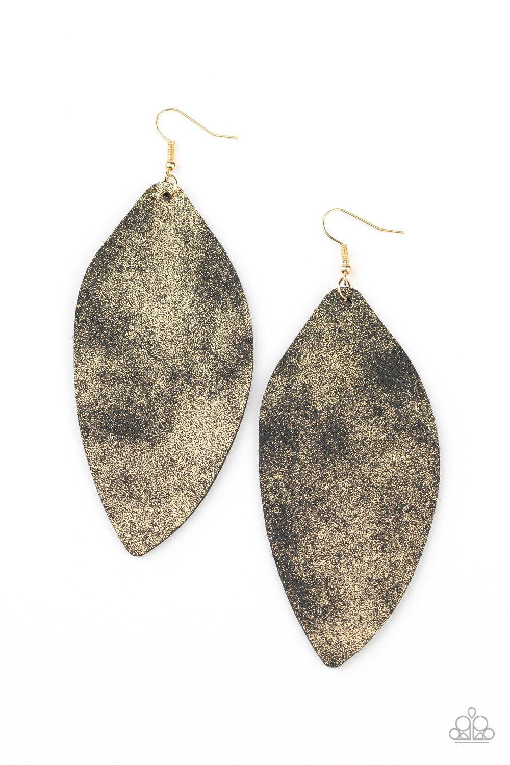 Serenely Smattered Black and Gold Leather Earrings - Paparazzi Accessories- lightbox - CarasShop.com - Paparazzi Jewelry by Cara Jewels