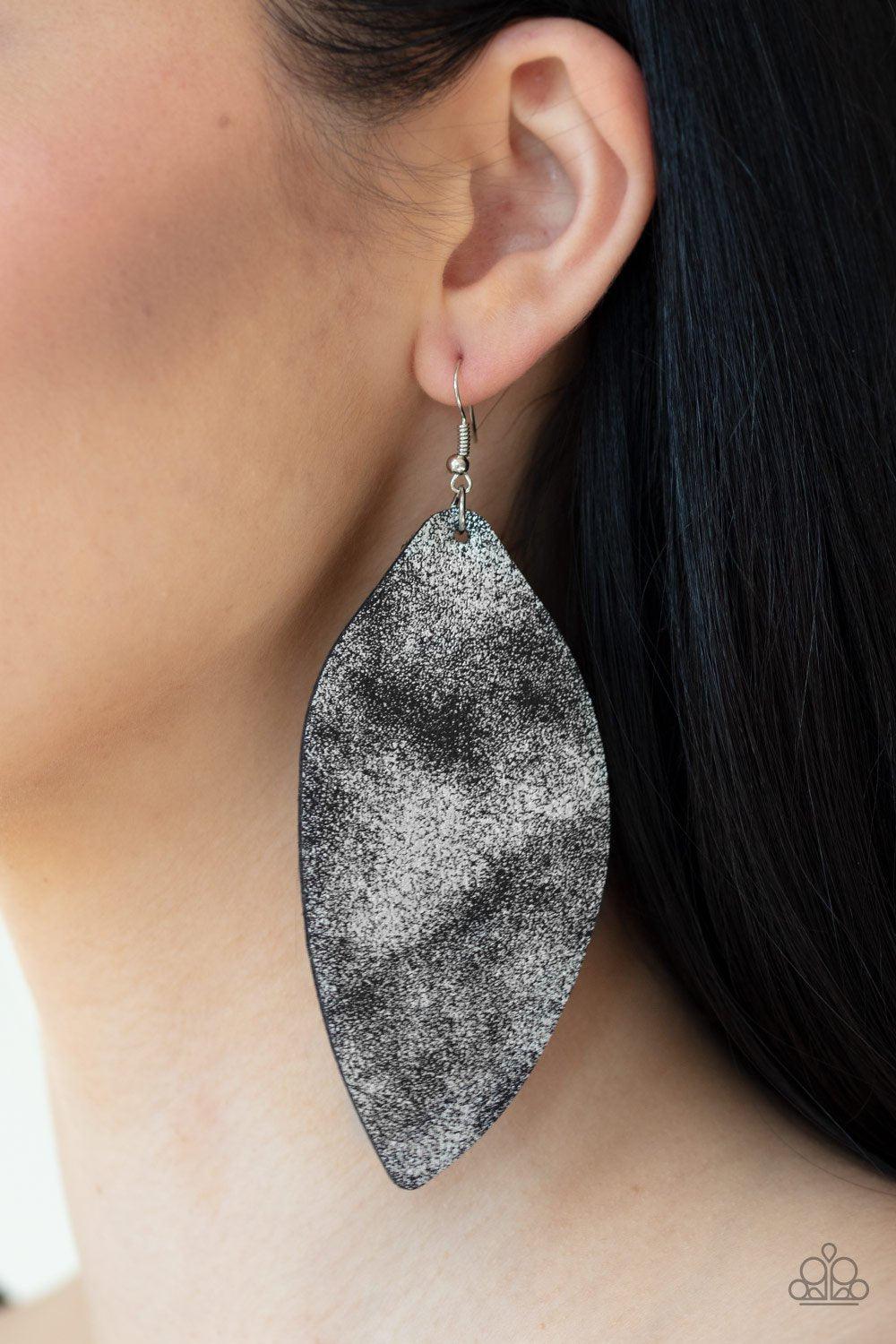 Serenely Smattered Black and Silver Leather Earrings - Paparazzi Accessories- lightbox - CarasShop.com - Paparazzi Jewelry by Cara Jewels