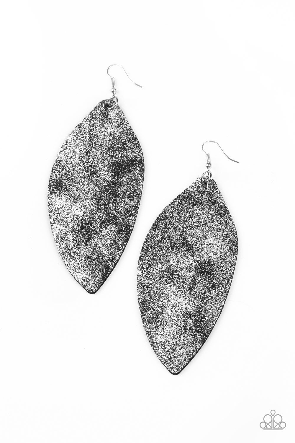 Serenely Smattered Black and Silver Leather Earrings - Paparazzi Accessories- on model - CarasShop.com - Paparazzi Jewelry by Cara Jewels