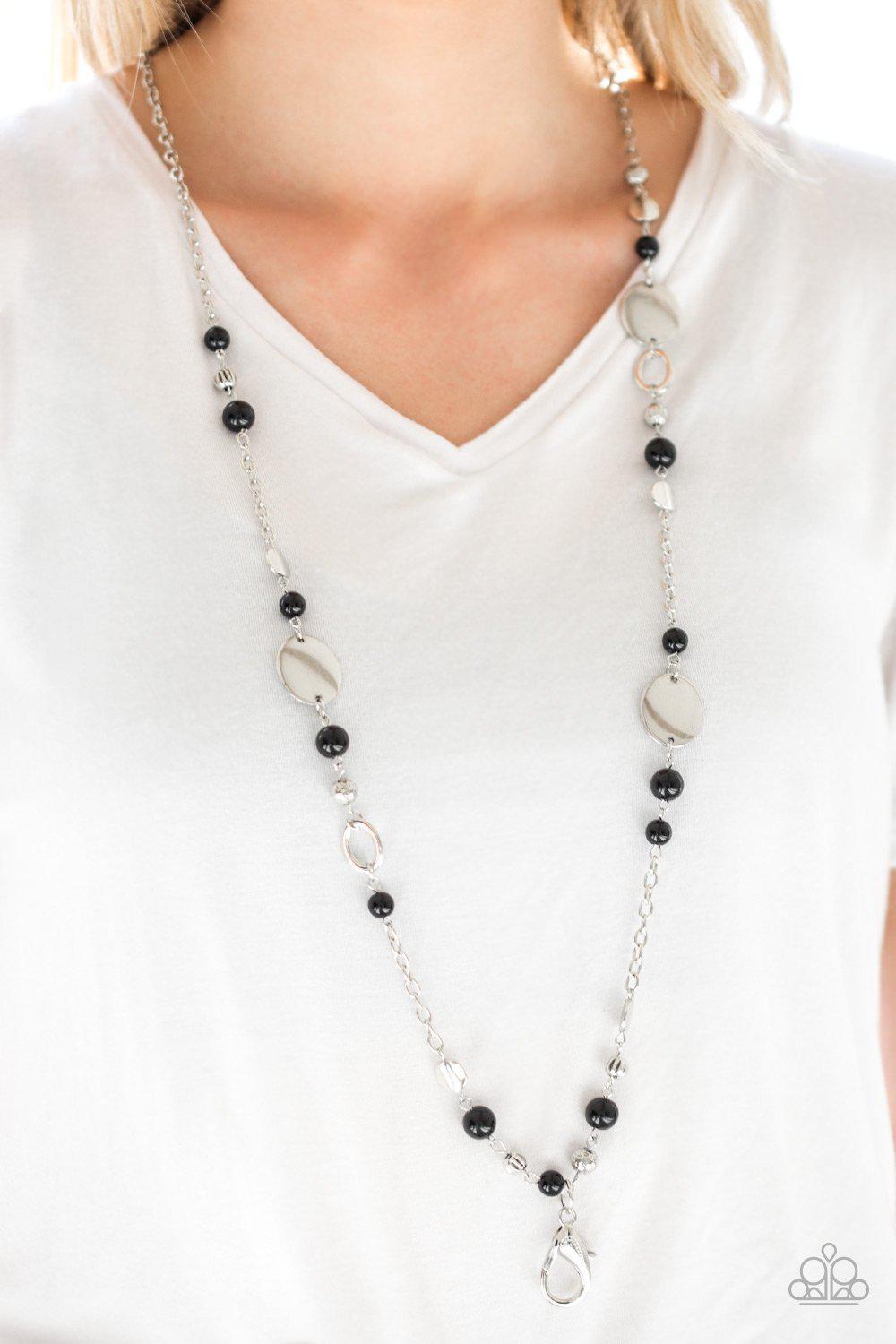 Serenely Springtime Black and Silver Lanyard Necklace - Paparazzi Accessories- lightbox - CarasShop.com - Paparazzi Jewelry by Cara Jewels