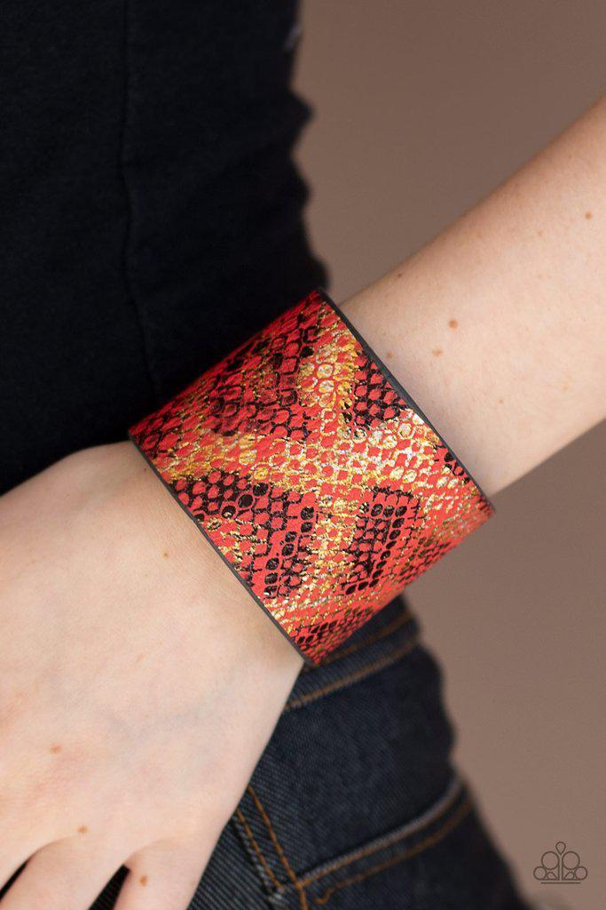 Serpent Shimmer Red, Gold and Black Leather Python Print Wrap Snap Bracelet - Paparazzi Accessories- lightbox - CarasShop.com - Paparazzi Jewelry by Cara Jewels
