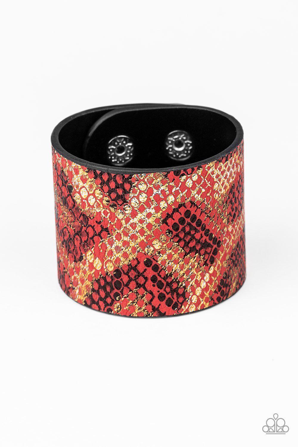 Serpent Shimmer Red, Gold and Black Leather Python Print Wrap Snap Bracelet - Paparazzi Accessories- on model - CarasShop.com - Paparazzi Jewelry by Cara Jewels