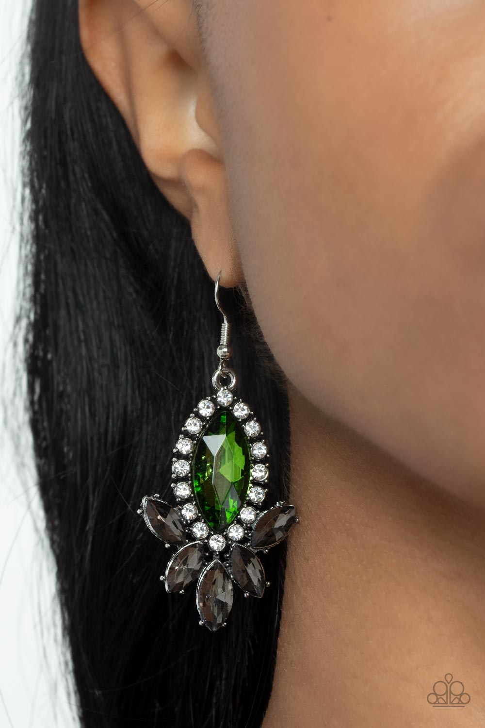 Serving Up Sparkle Green and Smoky Rhinestone Earrings - Paparazzi Accessories- lightbox - CarasShop.com - Paparazzi Jewelry by Cara Jewels