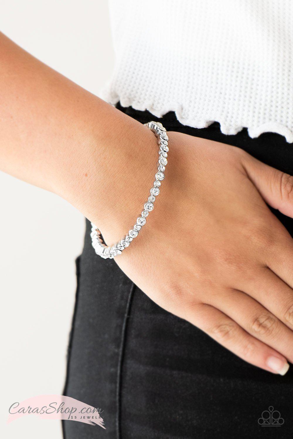 Seven Figure Fabulous - White Rhinestone Bangle Bracelet - Paparazzi Accessories- lightbox - CarasShop.com - Paparazzi Jewelry by Cara Jewels