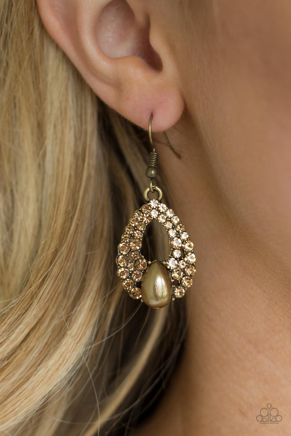 Share The Wealth Brass Rhinestone and Pearl Teardrop Earrings - Paparazzi Accessories- lightbox - CarasShop.com - Paparazzi Jewelry by Cara Jewels