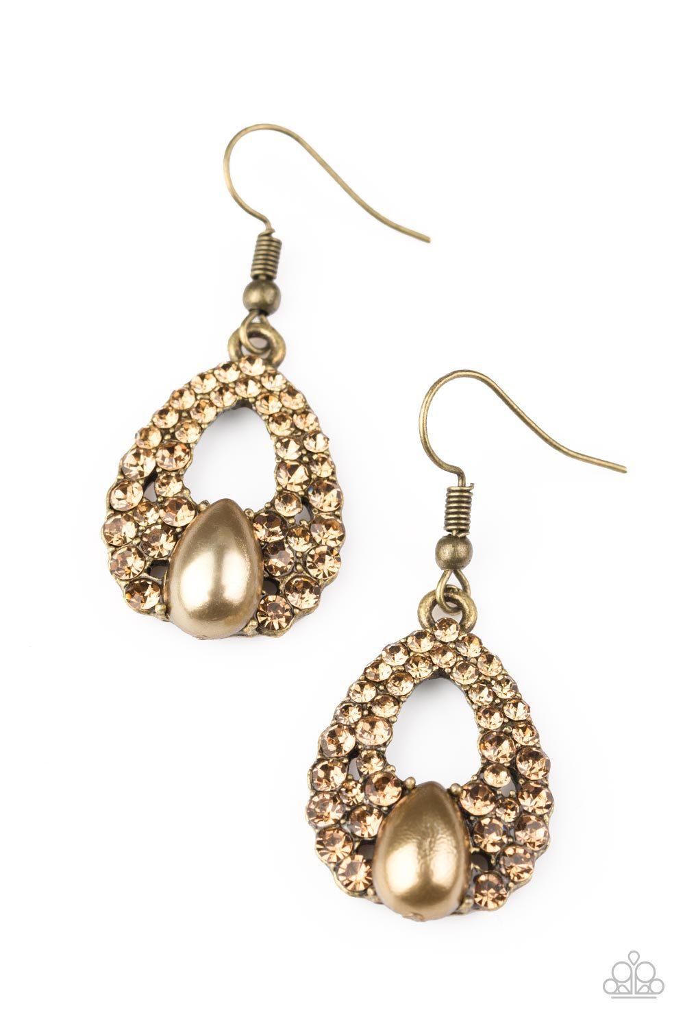Share The Wealth Brass Rhinestone and Pearl Teardrop Earrings - Paparazzi Accessories- on model - CarasShop.com - Paparazzi Jewelry by Cara Jewels
