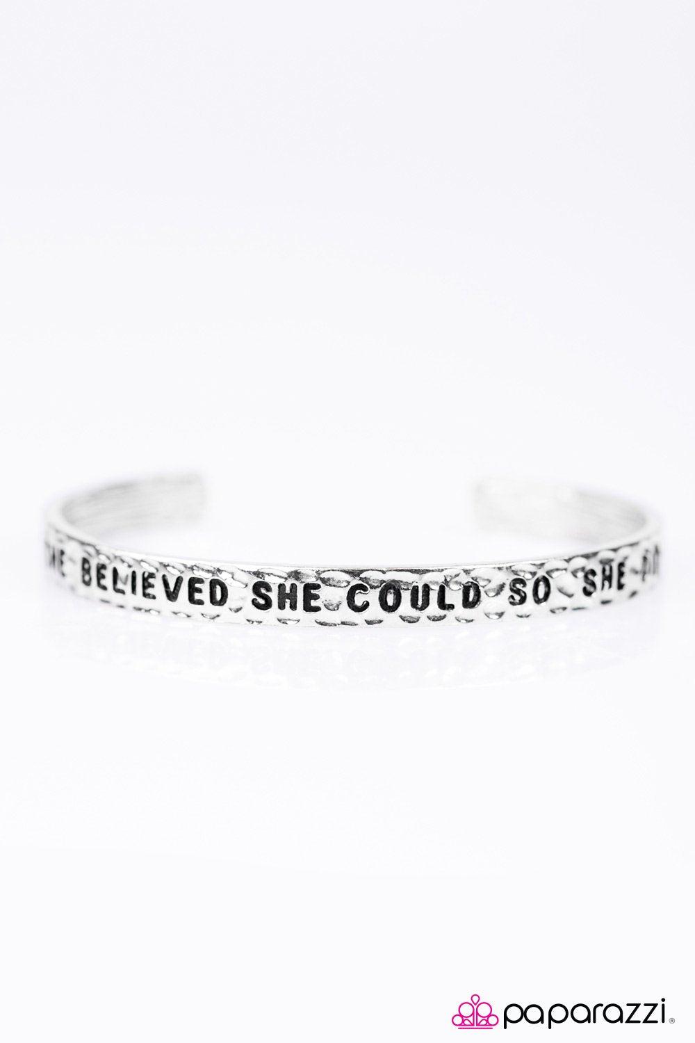 She Believed She Could Hammered Silver Cuff Bracelet - Paparazzi Accessories- on model - CarasShop.com - Paparazzi Jewelry by Cara Jewels