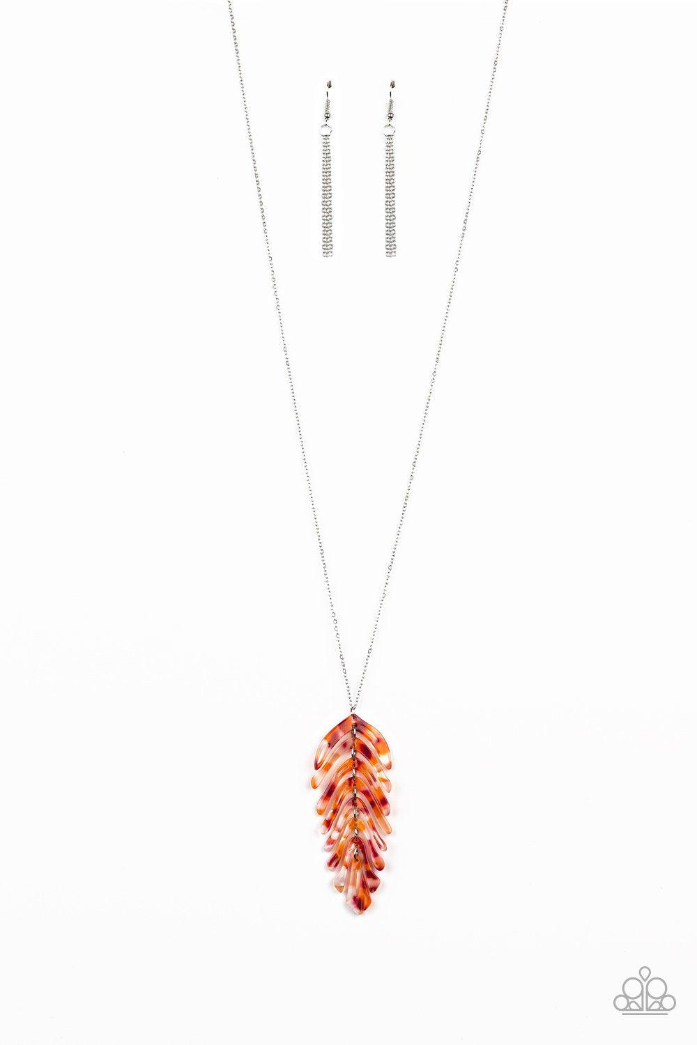 She QUILL Be Loved Red and Orange Acrylic Feather Necklace - Paparazzi Accessories - free matching earrings -CarasShop.com - Paparazzi Jewelry by Cara Jewels