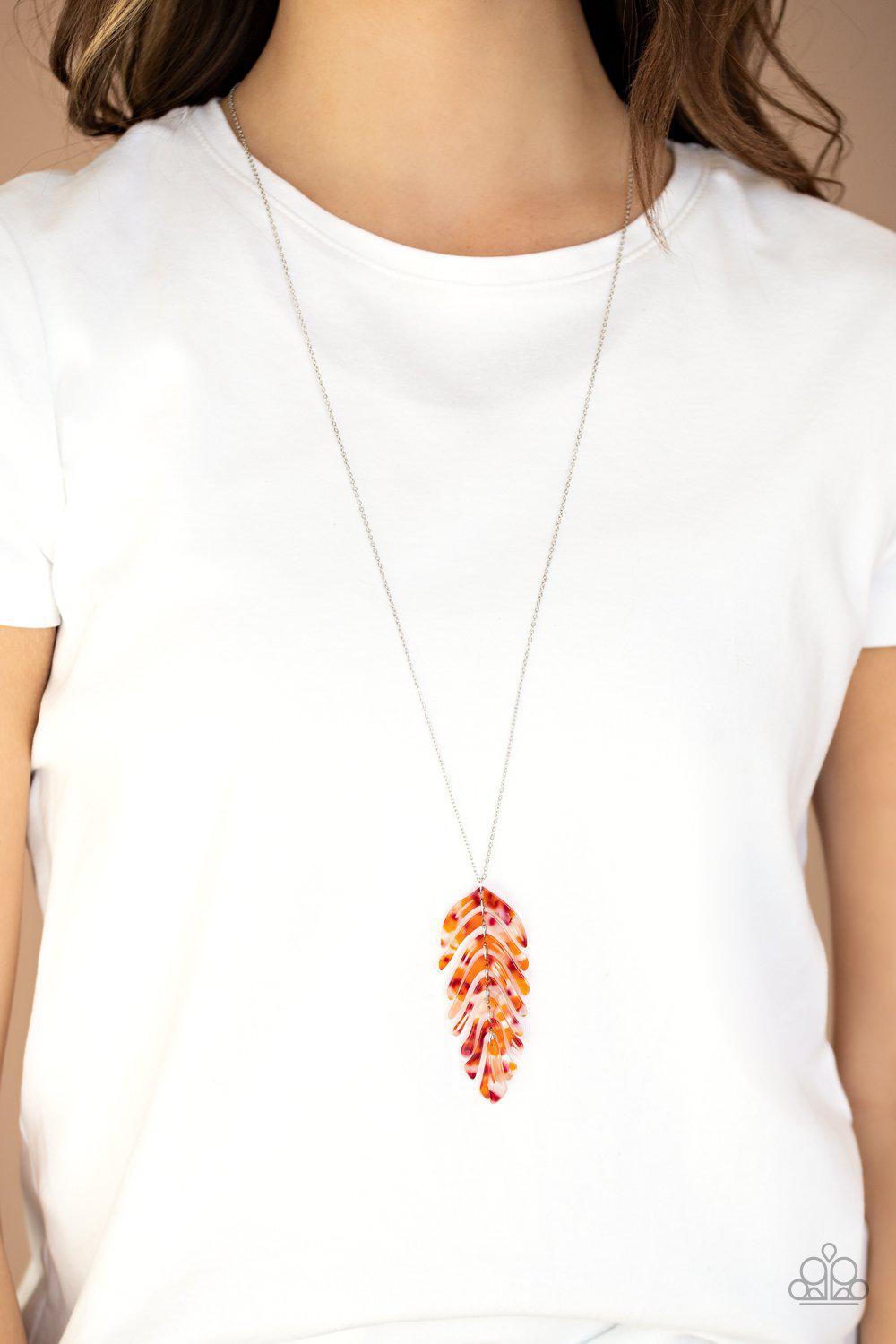 She QUILL Be Loved Red and Orange Acrylic Feather Necklace - Paparazzi Accessories- lightbox - CarasShop.com - Paparazzi Jewelry by Cara Jewels