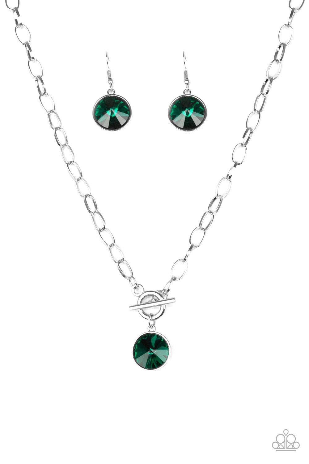 She Sparkles On Silver and Green Rhinestone Necklace - Paparazzi Accessories - free matching earrings -CarasShop.com - Paparazzi Jewelry by Cara Jewels