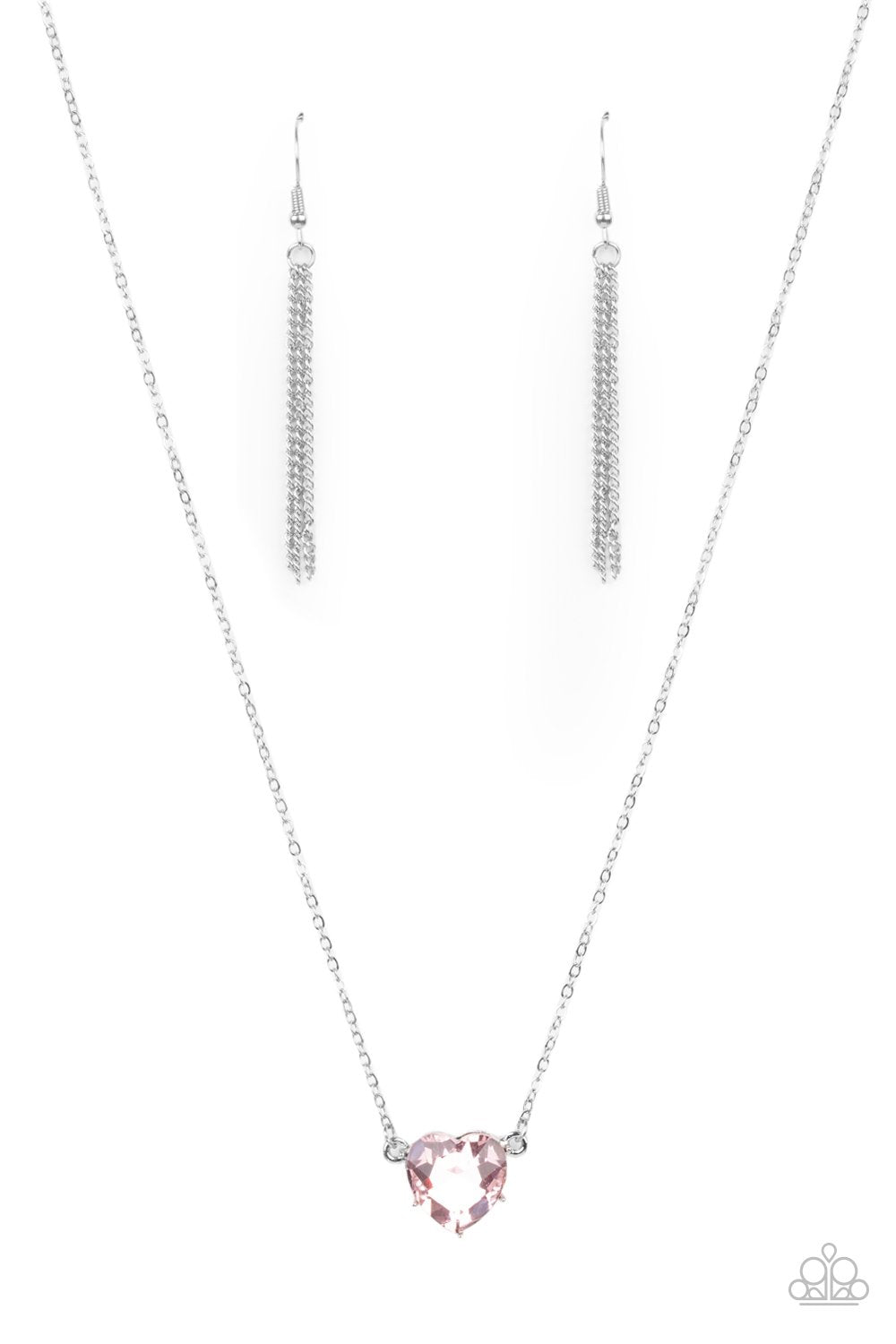 She Works HEART For The Money Pink Rhinestone Heart Necklace - Paparazzi Accessories- lightbox - CarasShop.com - Paparazzi Jewelry by Cara Jewels