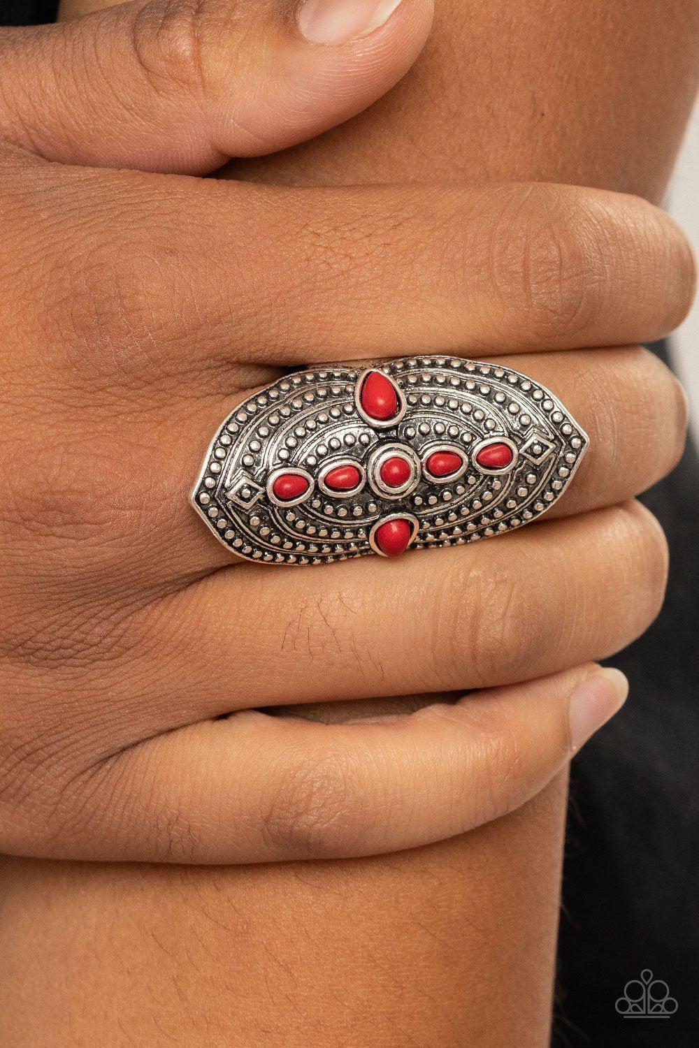 Shield In Place Red Stone Ring - Paparazzi Accessories- on model - CarasShop.com - Paparazzi Jewelry by Cara Jewels