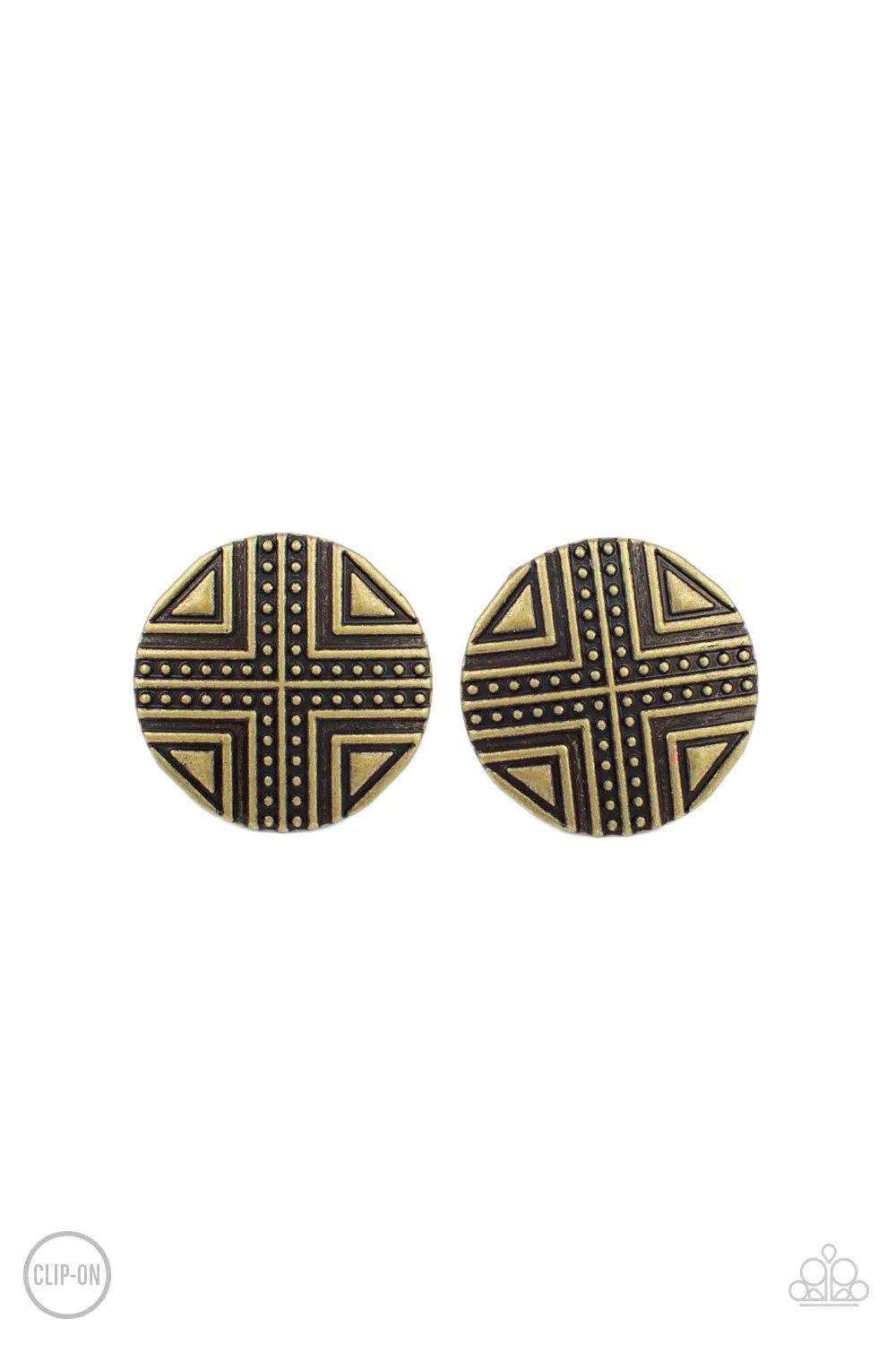 Shielded Shimmer Brass Clip On Earrings - Paparazzi Accessories- lightbox - CarasShop.com - Paparazzi Jewelry by Cara Jewels