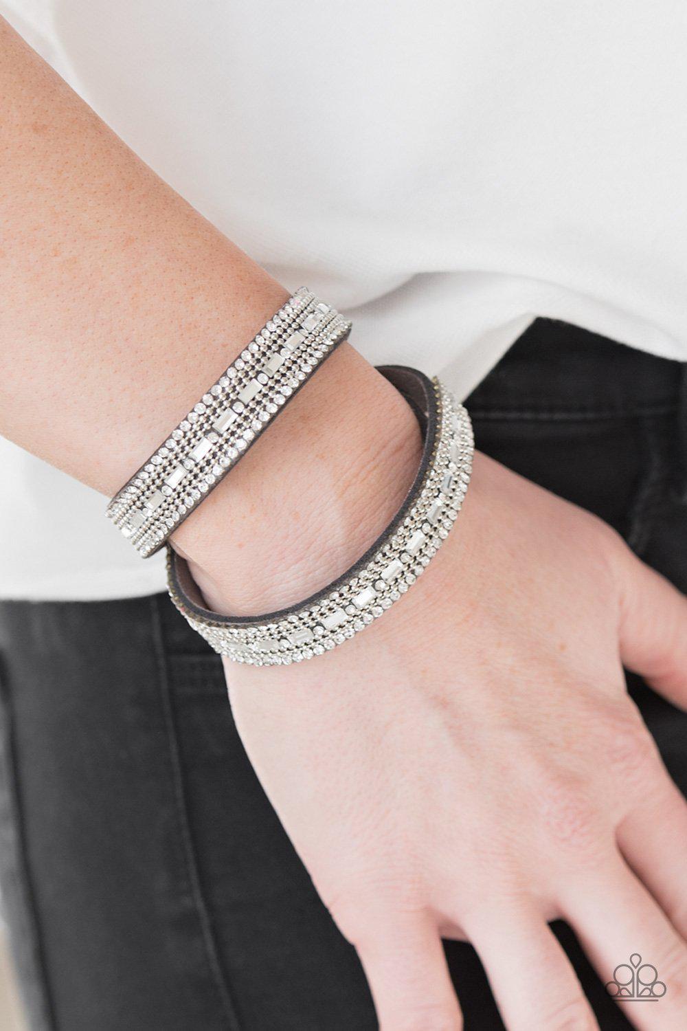 Shimmer and Sass Silver Double-wrap Snap Bracelet - Paparazzi Accessories- on model - CarasShop.com - Paparazzi Jewelry by Cara Jewels