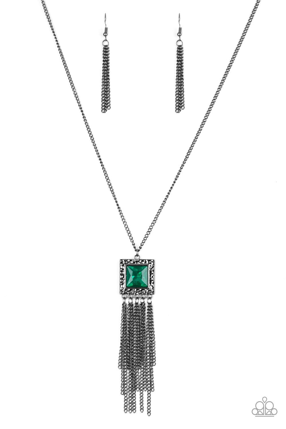 Shimmer Sensei Gunmetal and Green Gem Necklace - Paparazzi Accessories- lightbox - CarasShop.com - Paparazzi Jewelry by Cara Jewels