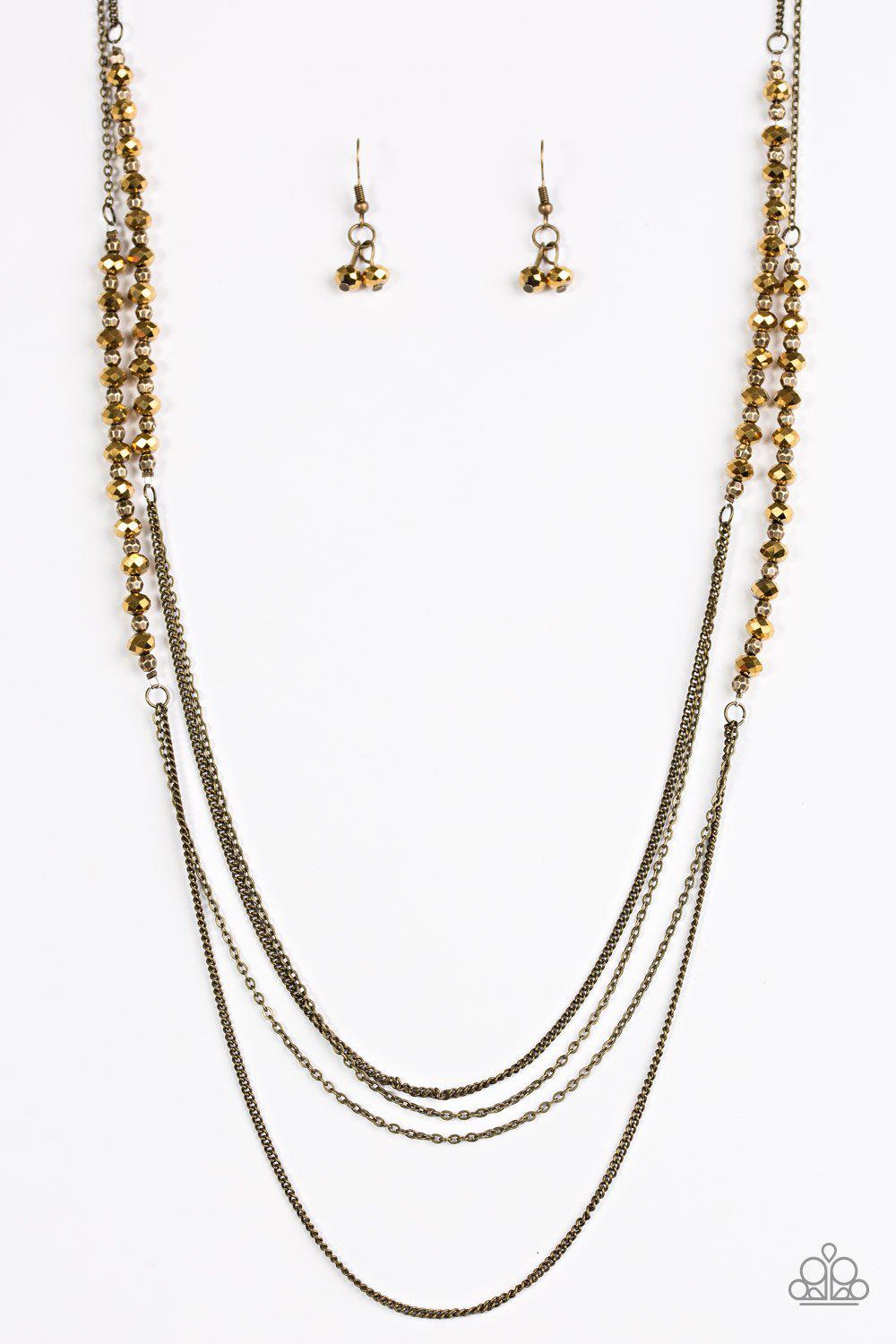 Shimmer Showdown Brass Necklace - Paparazzi Accessories - free matching earrings -CarasShop.com - Paparazzi Jewelry by Cara Jewels
