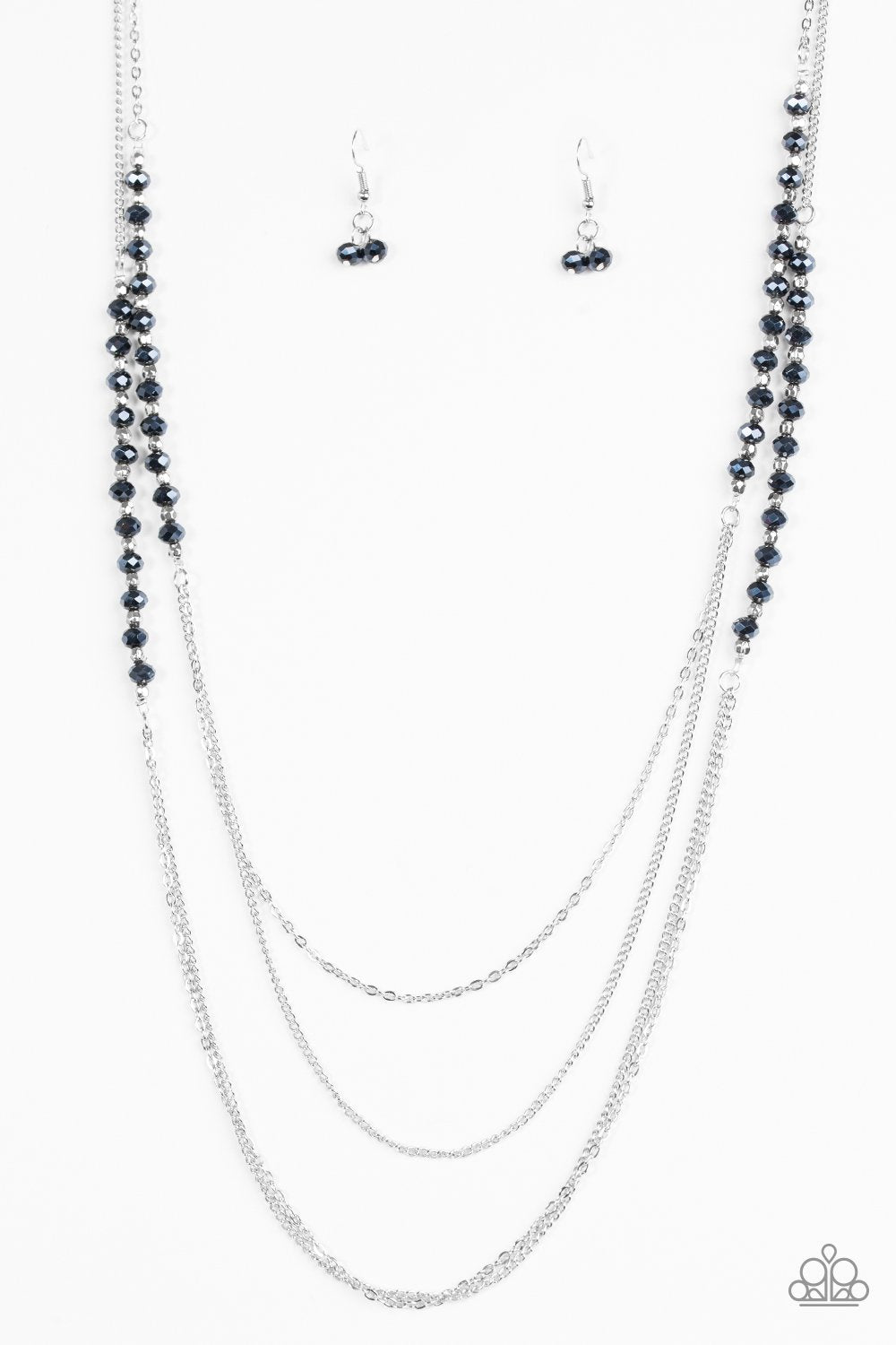 Shimmer Showdown Silver and Metallic Blue Bead Necklace - Paparazzi Accessories - free matching earrings -CarasShop.com - Paparazzi Jewelry by Cara Jewels