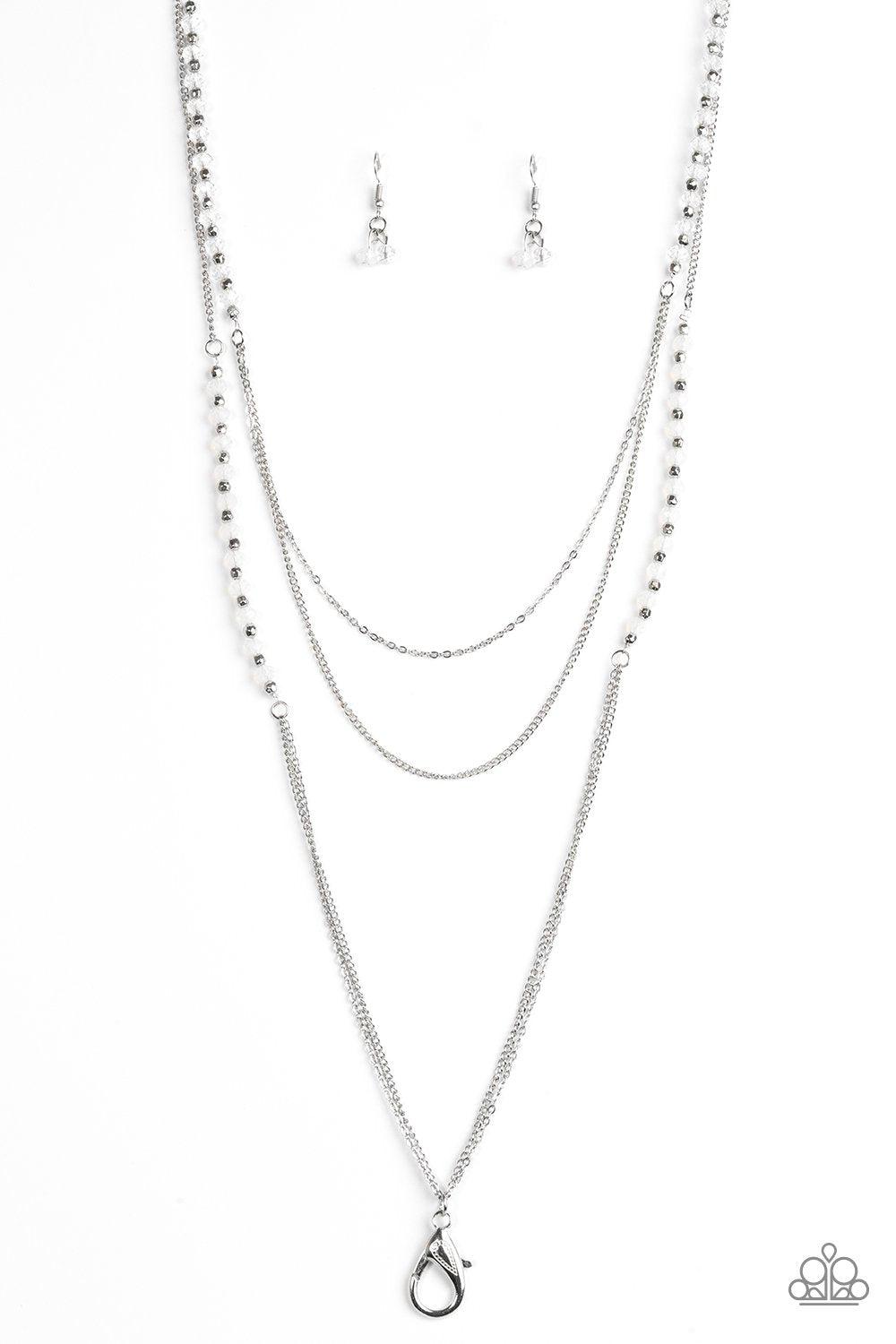 Shimmer Showdown White Lanyard Necklace - Paparazzi Accessories - free matching earrings -CarasShop.com - Paparazzi Jewelry by Cara Jewels