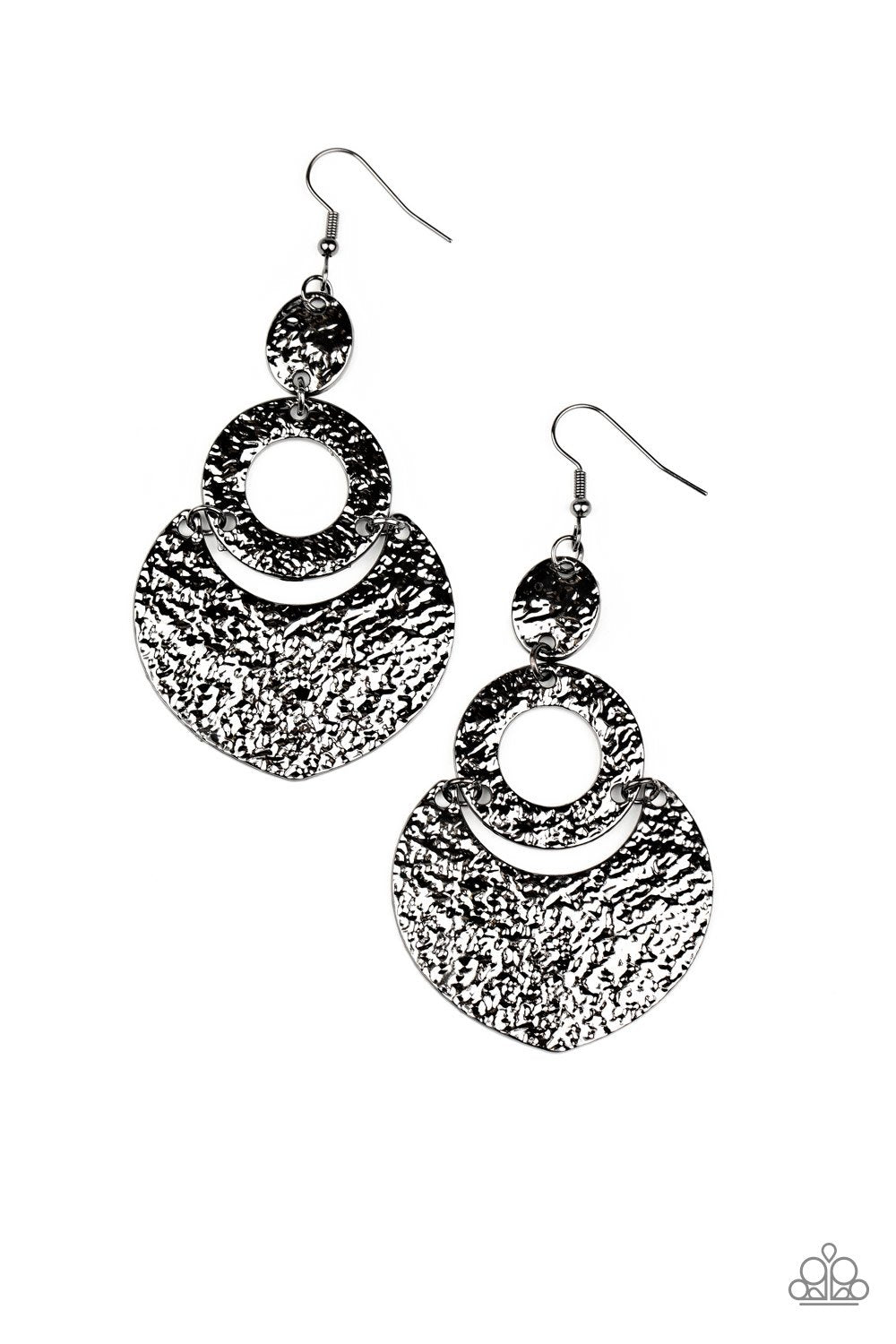 Shimmer Suite Gunmetal Black Hammered Earrings - Paparazzi Accessories- on model - CarasShop.com - Paparazzi Jewelry by Cara Jewels