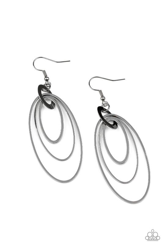 Shimmer Surge Gunmetal Black Earrings - Paparazzi Accessories- on model - CarasShop.com - Paparazzi Jewelry by Cara Jewels