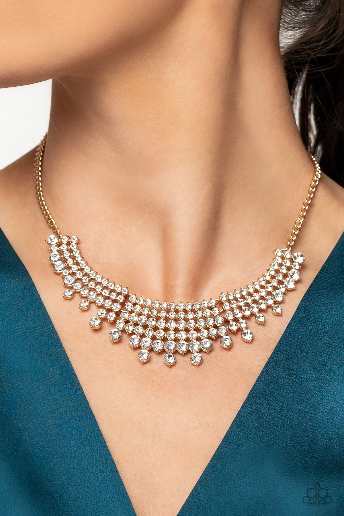 Shimmering Song Gold & White Rhinestone Necklace - Paparazzi Accessories- on model - CarasShop.com - Paparazzi Jewelry by Cara Jewels