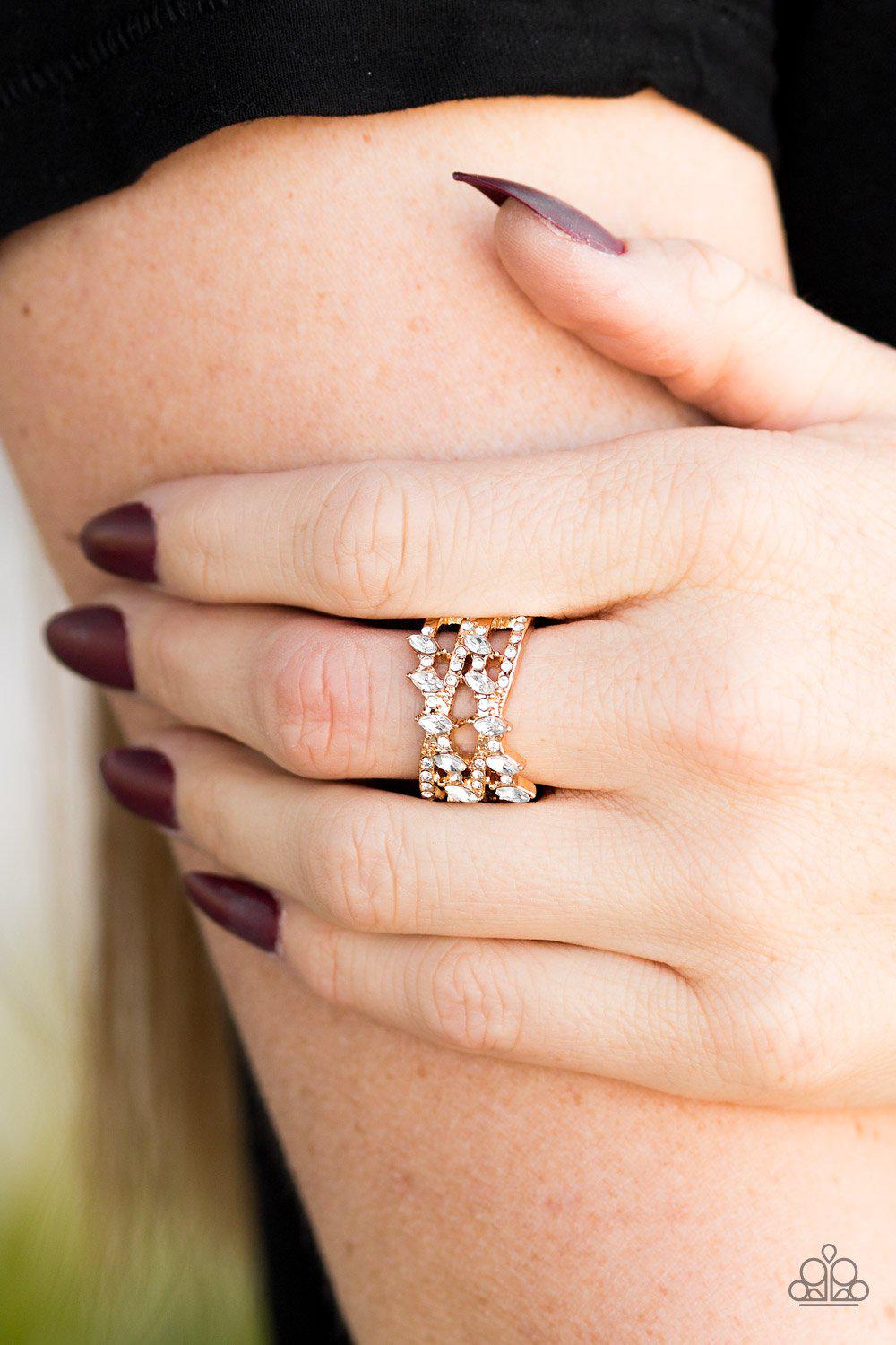 Shimmering Success Gold and White Rhinestone Ring - Paparazzi Accessories- lightbox - CarasShop.com - Paparazzi Jewelry by Cara Jewels