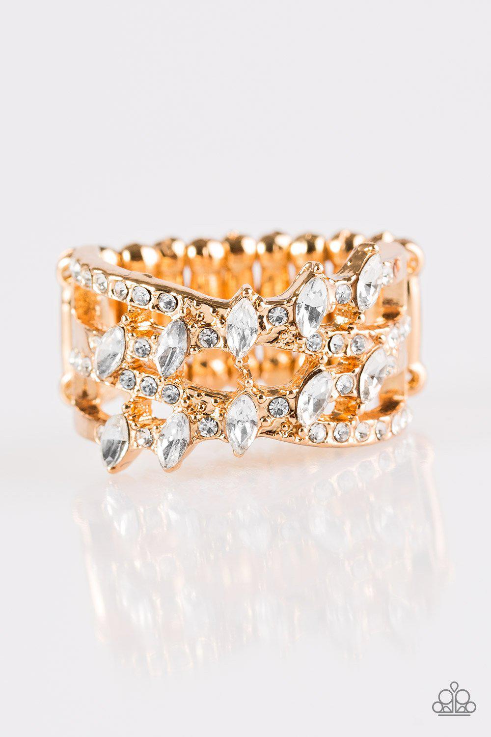 Shimmering Success Gold and White Rhinestone Ring - Paparazzi Accessories- on model - CarasShop.com - Paparazzi Jewelry by Cara Jewels