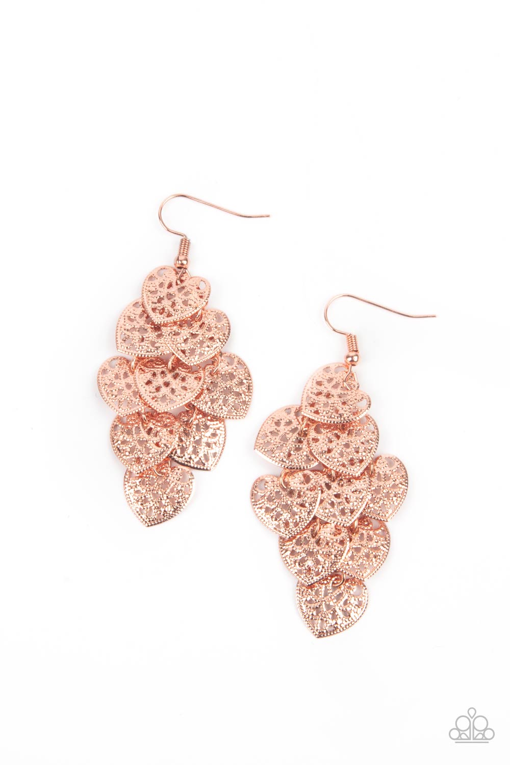 Shimmery Soulmates Copper Cascading Heart Earrings - Paparazzi Accessories- lightbox - CarasShop.com - Paparazzi Jewelry by Cara Jewels