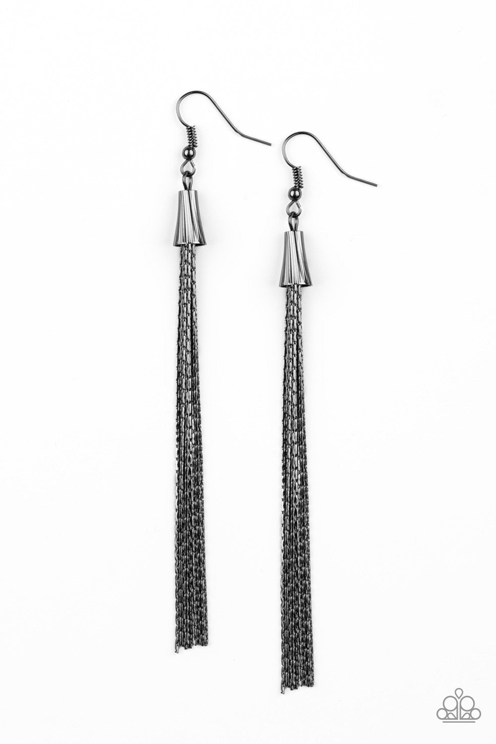 Shimmery Streamers Gunmetal Black Chain Tassel Earrings - Paparazzi Accessories- lightbox - CarasShop.com - Paparazzi Jewelry by Cara Jewels