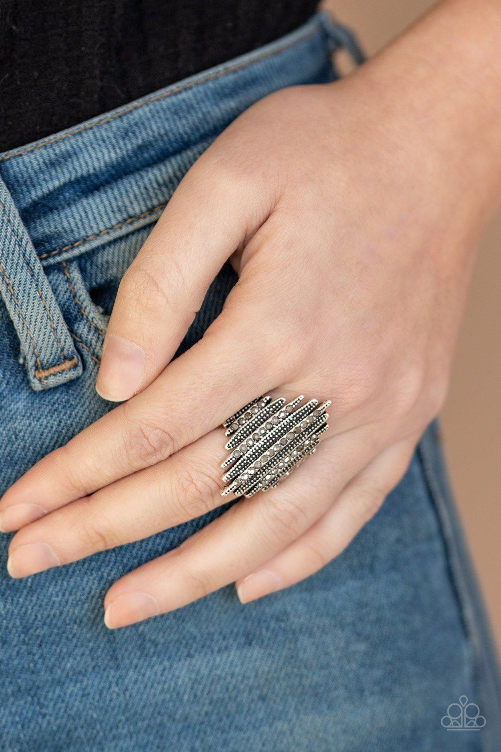 Shocking Sparkle Silver Hematite Ring - Paparazzi Accessories- on model - CarasShop.com - Paparazzi Jewelry by Cara Jewels