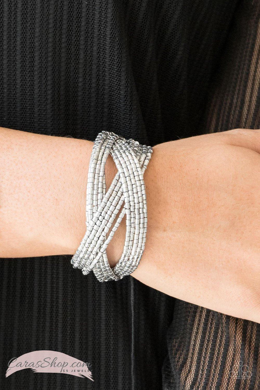 Shooting Stars Silver Seed Bead Cuff Bracelet - Paparazzi Accessories- lightbox - CarasShop.com - Paparazzi Jewelry by Cara Jewels