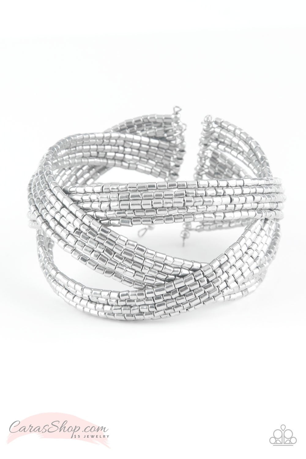 Shooting Stars Silver Seed Bead Cuff Bracelet - Paparazzi Accessories- on model - CarasShop.com - Paparazzi Jewelry by Cara Jewels