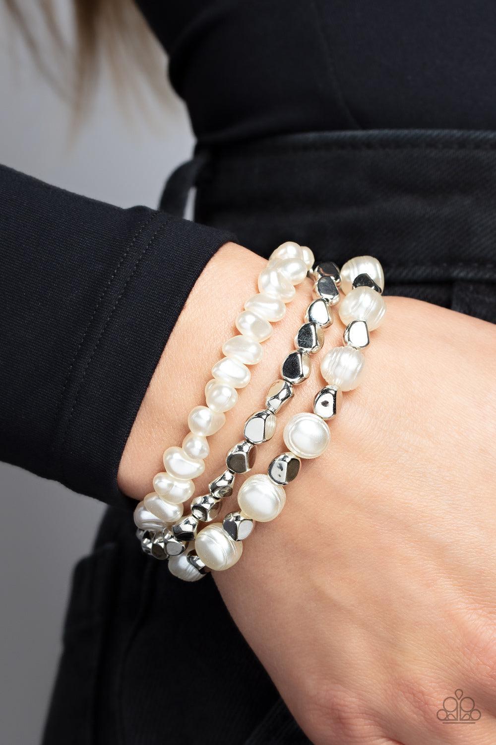 Shoreside Soiree White Pearl Bracelet - Paparazzi Accessories- on model - CarasShop.com - Paparazzi Jewelry by Cara Jewels