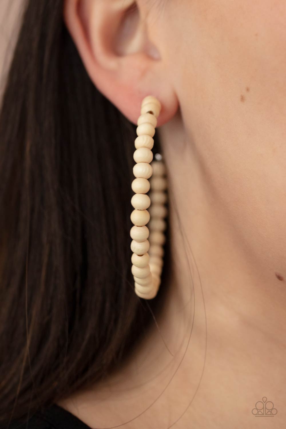 Should Have, Could Have, WOOD Have White Wood Hoop Earrings - Paparazzi Accessories- on model - CarasShop.com - Paparazzi Jewelry by Cara Jewels