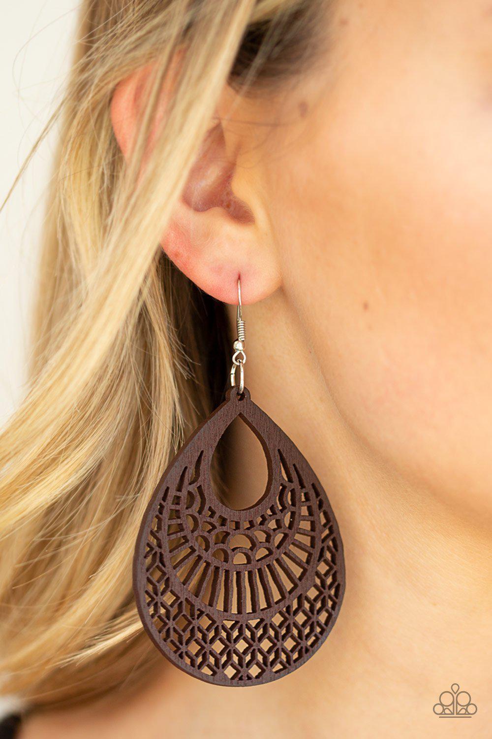 Shoulda Coulda WOODa Brown Wood Teardrop Earrings - Paparazzi Accessories- lightbox - CarasShop.com - Paparazzi Jewelry by Cara Jewels