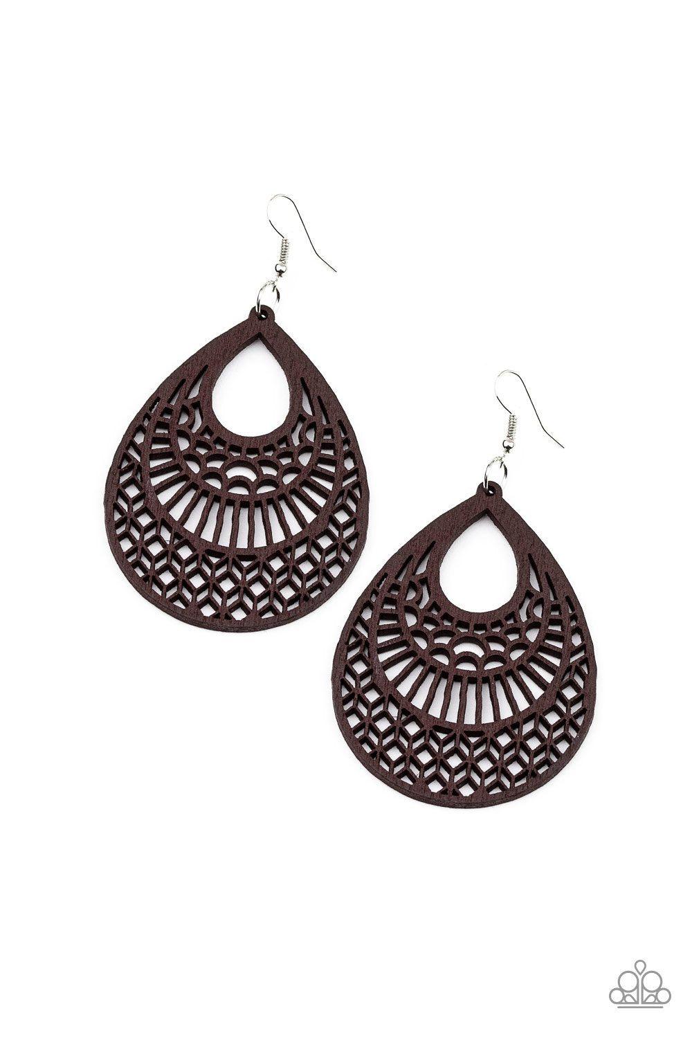 Shoulda Coulda WOODa Brown Wood Teardrop Earrings - Paparazzi Accessories- on model - CarasShop.com - Paparazzi Jewelry by Cara Jewels