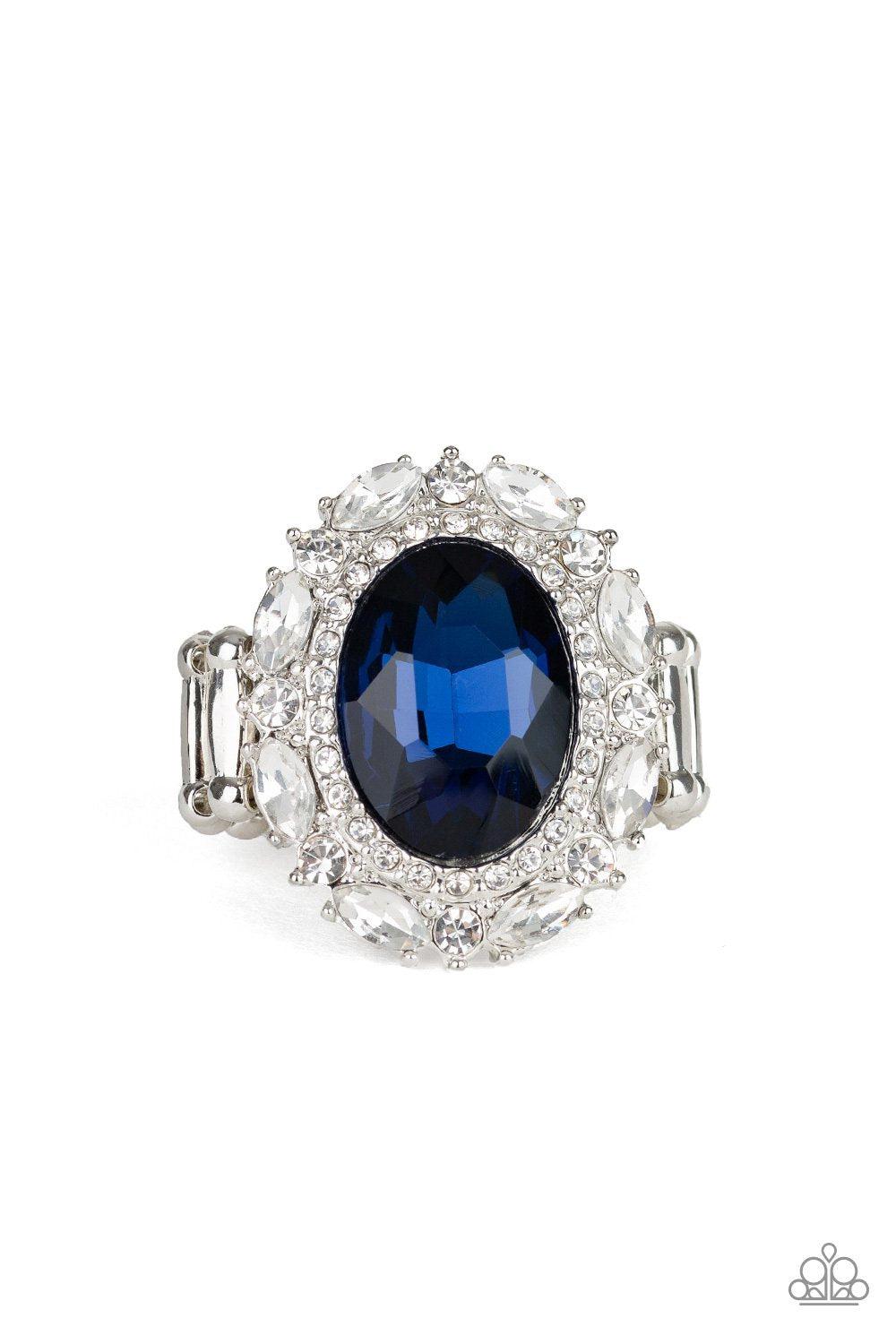 Show Glam Blue and White Rhinestone Ring - Paparazzi Accessories- lightbox - CarasShop.com - Paparazzi Jewelry by Cara Jewels