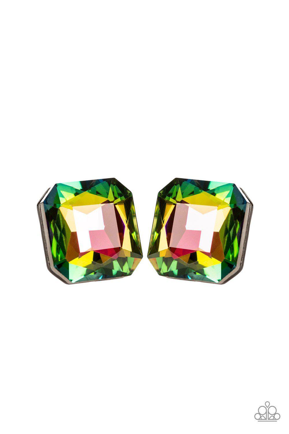 Show Glow Multi-color Rainbow Gem Earrings - Paparazzi Accessories- on model - CarasShop.com - Paparazzi Jewelry by Cara Jewels