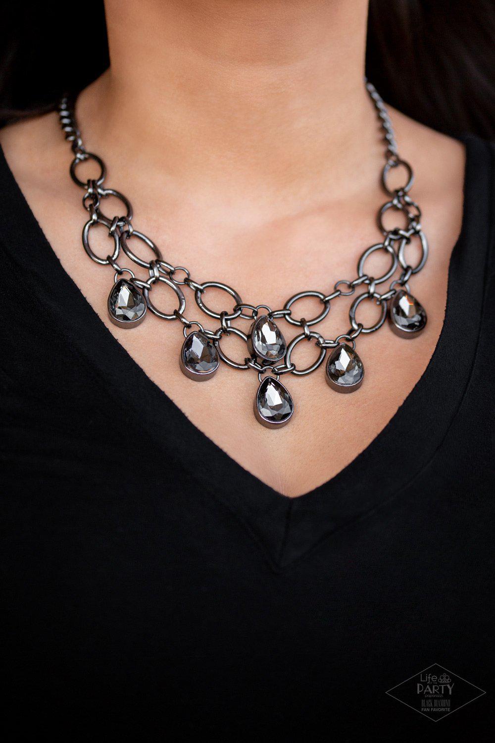 Show Stopping Shimmer Gunmetal Rhinestone Necklace - Paparazzi Accessories - free matching earrings -CarasShop.com - Paparazzi Jewelry by Cara Jewels