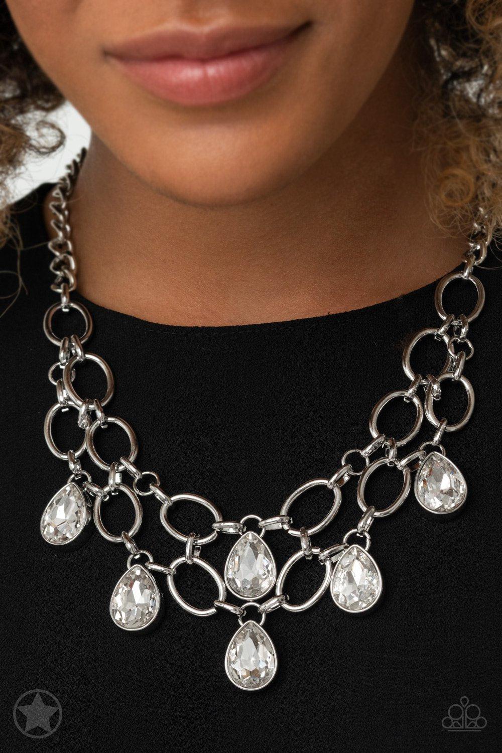 Show-Stopping Shimmer White Rhinestone Necklace - Paparazzi Accessories- on model - CarasShop.com - Paparazzi Jewelry by Cara Jewels