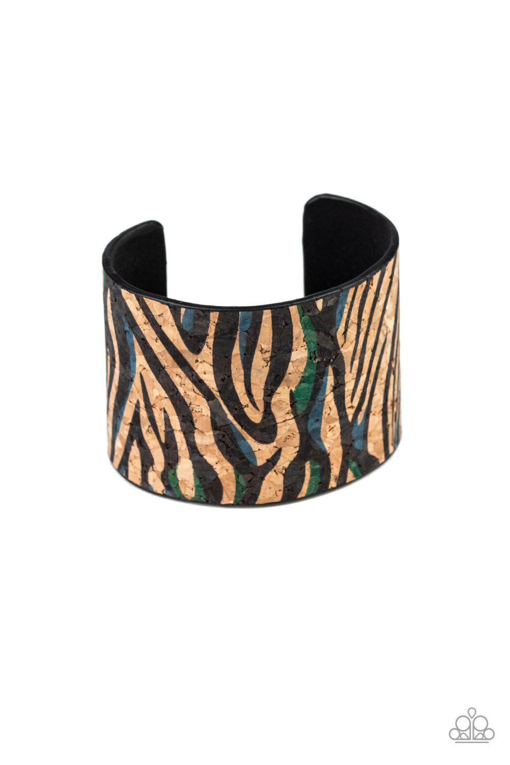 Show Your True Stripes Blue Animal Print Cork Cuff Bracelet - Paparazzi Accessories- lightbox - CarasShop.com - Paparazzi Jewelry by Cara Jewels