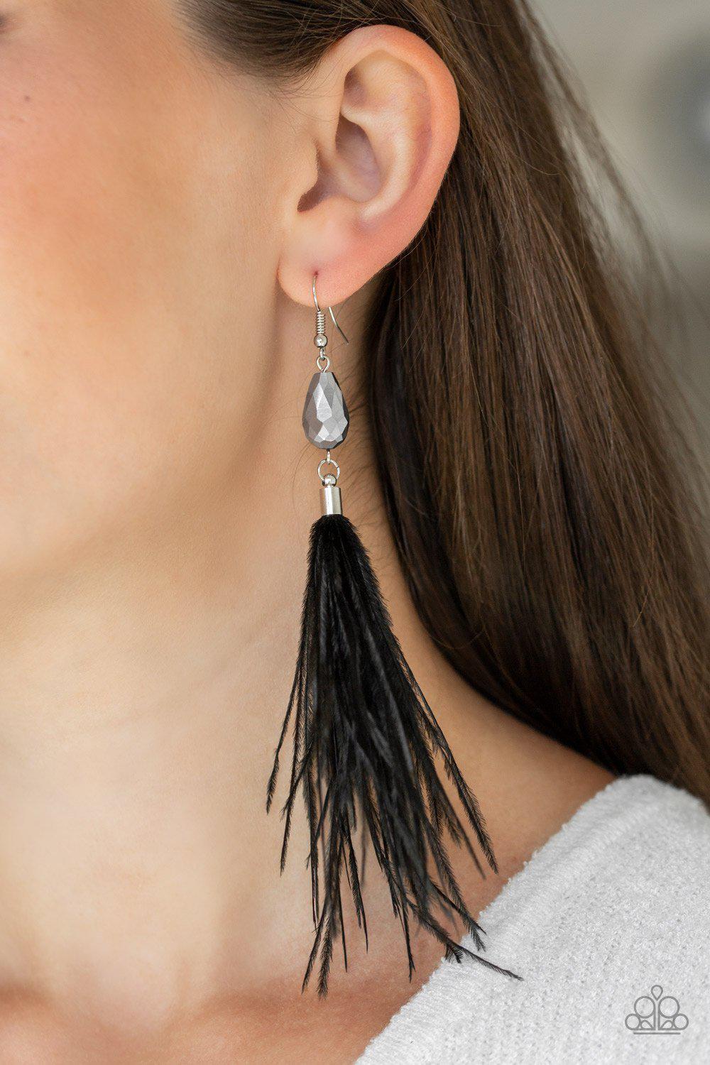 Showgirl Showcase Black Feather Earrings - Paparazzi Accessories- on model - CarasShop.com - Paparazzi Jewelry by Cara Jewels