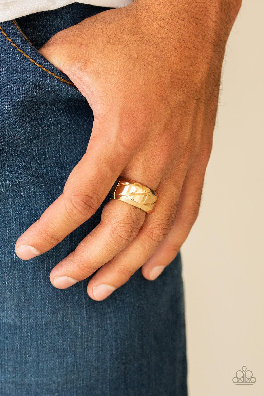 Sideswiped Men's Gold Ring - Paparazzi Accessories- on model - CarasShop.com - Paparazzi Jewelry by Cara Jewels