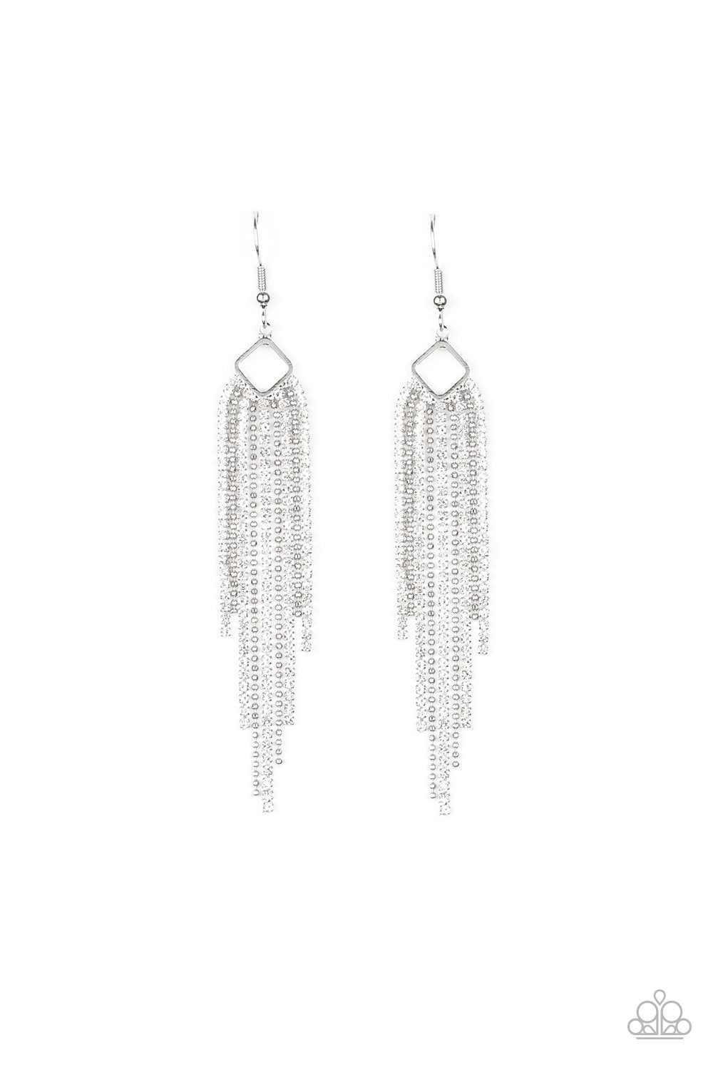 Singing in the REIGN White Rhinestone and Silver Chain Earrings - Paparazzi Accessories- lightbox - CarasShop.com - Paparazzi Jewelry by Cara Jewels