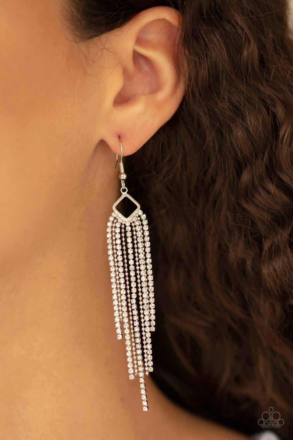 Singing in the REIGN White Rhinestone and Silver Chain Earrings - Paparazzi Accessories- on model - CarasShop.com - Paparazzi Jewelry by Cara Jewels